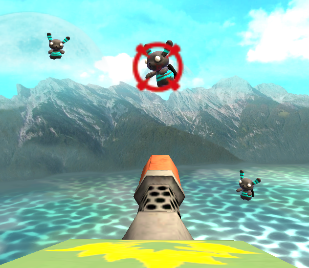 A virtual turret aiming at a flying bunny enemy.