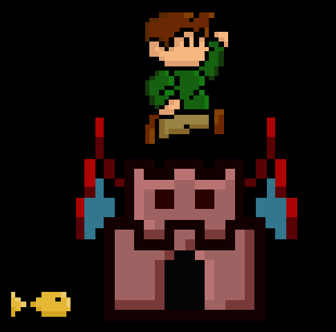 A human sprite jumping over a castle with wings and a goldfish.