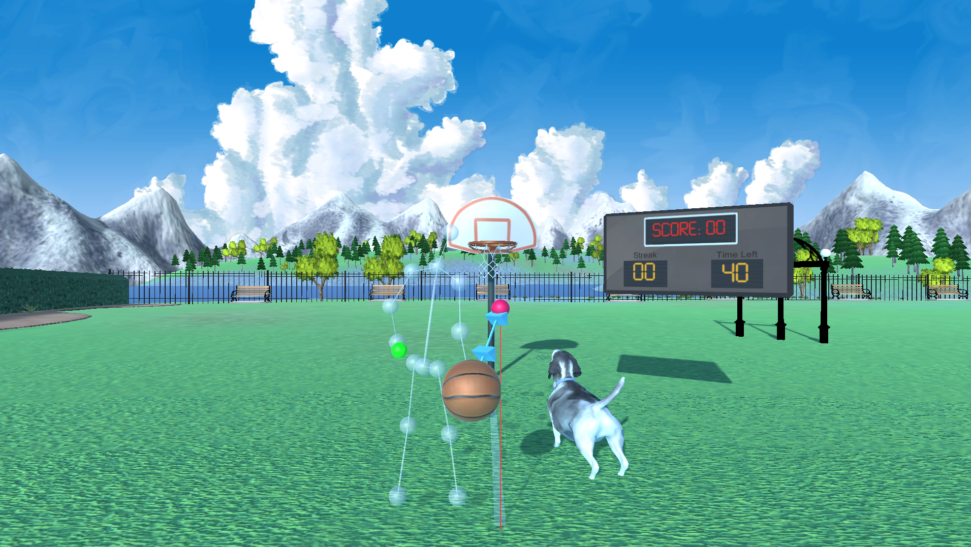 A virtual person throwing a basketball with a dog.