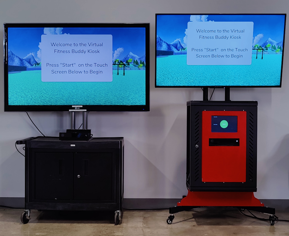 Two mobile, locking cabinets with large screen televisions on top.