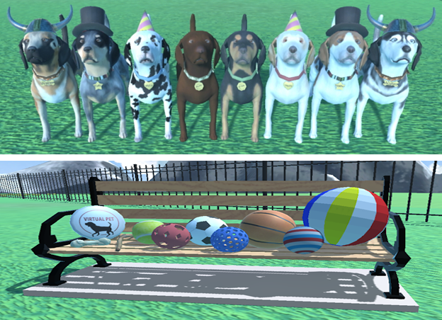 Eight customized virtual dogs and ten fetch toys on a bench.
