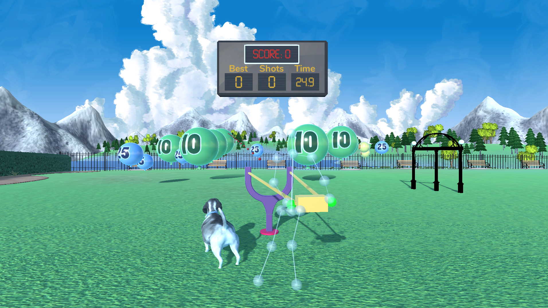 A virtual person holding a slingshot pouch with a dog and balloons.