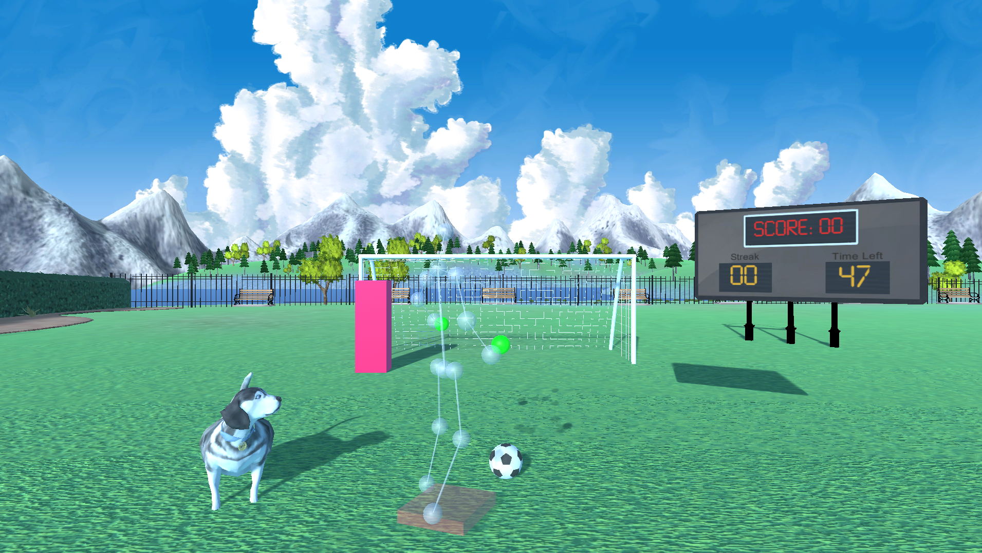 A virtual person kicking a soccerball towards the goal with a dog.