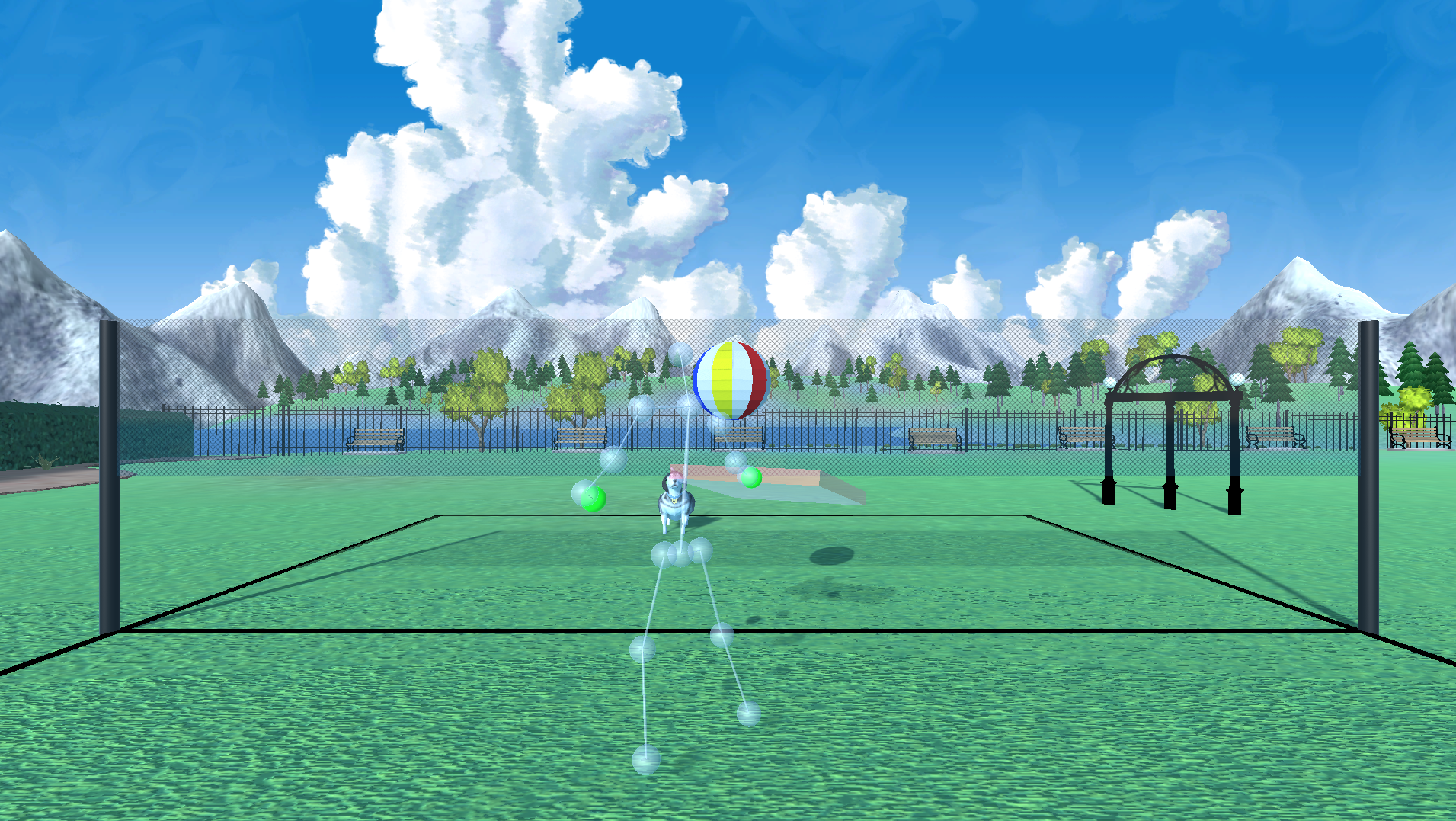 A virtual person hitting a beach ball over a volleyball net with dog.