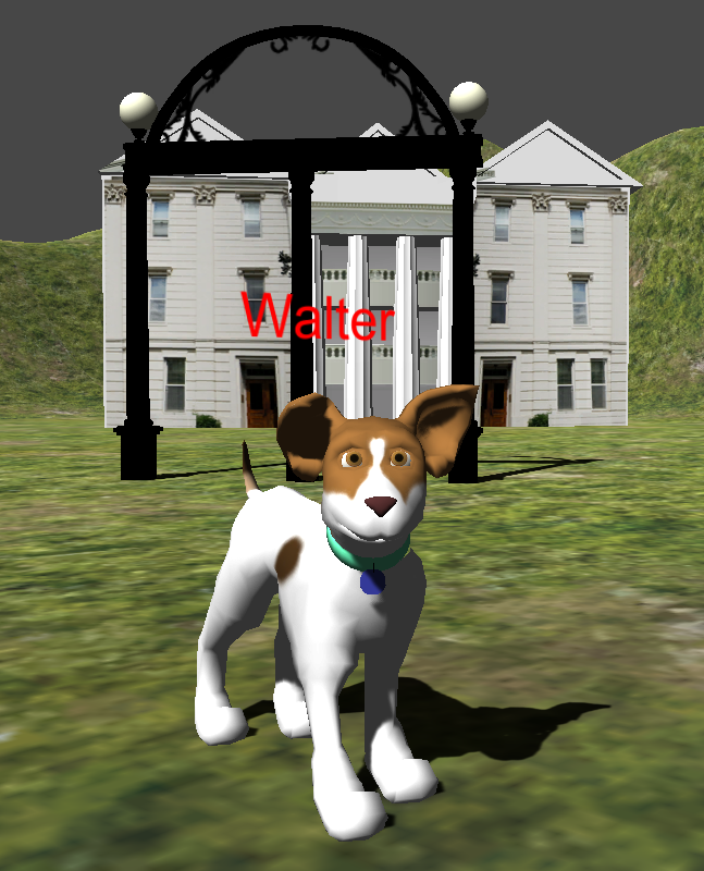 A dog standing in front of University of Georgia arch.