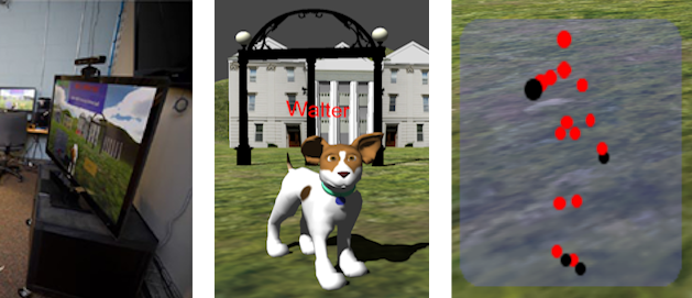 Compilation of TV, virtual dog, and spheres in the shape of a human.