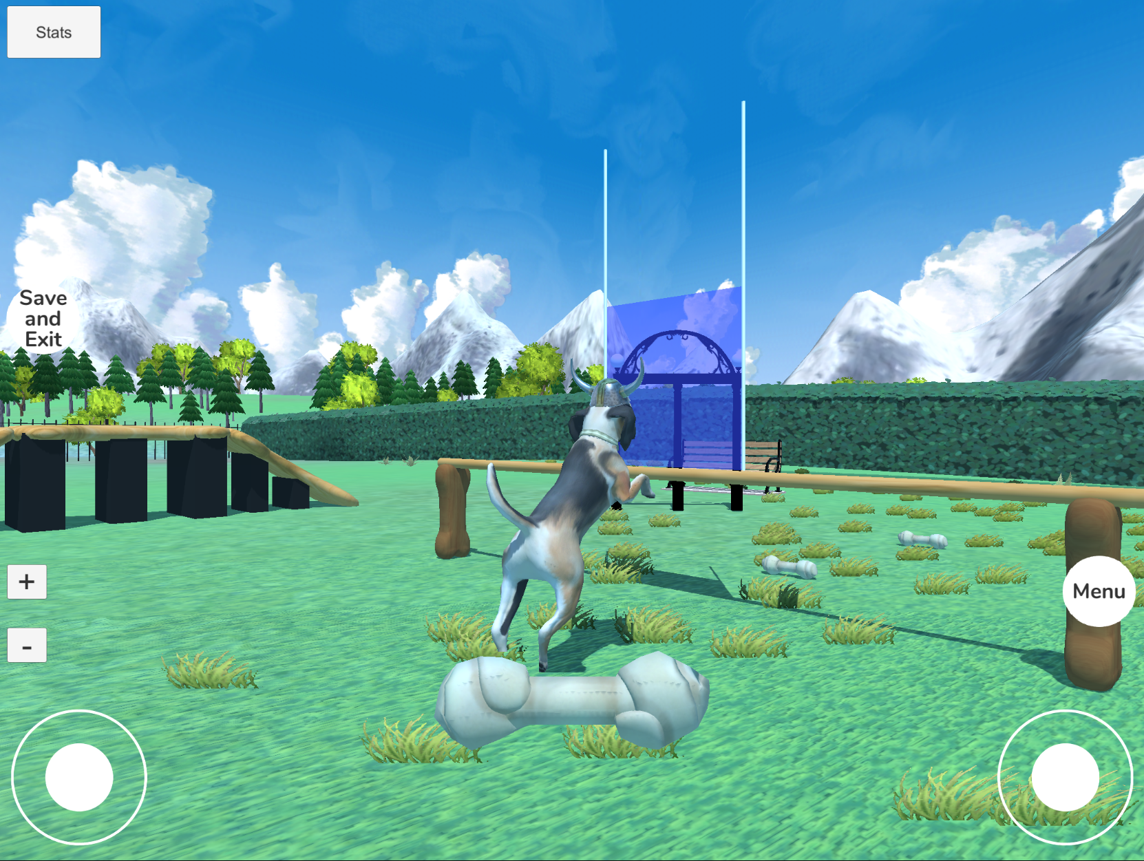 A virtual dog jumping over a hurdle.