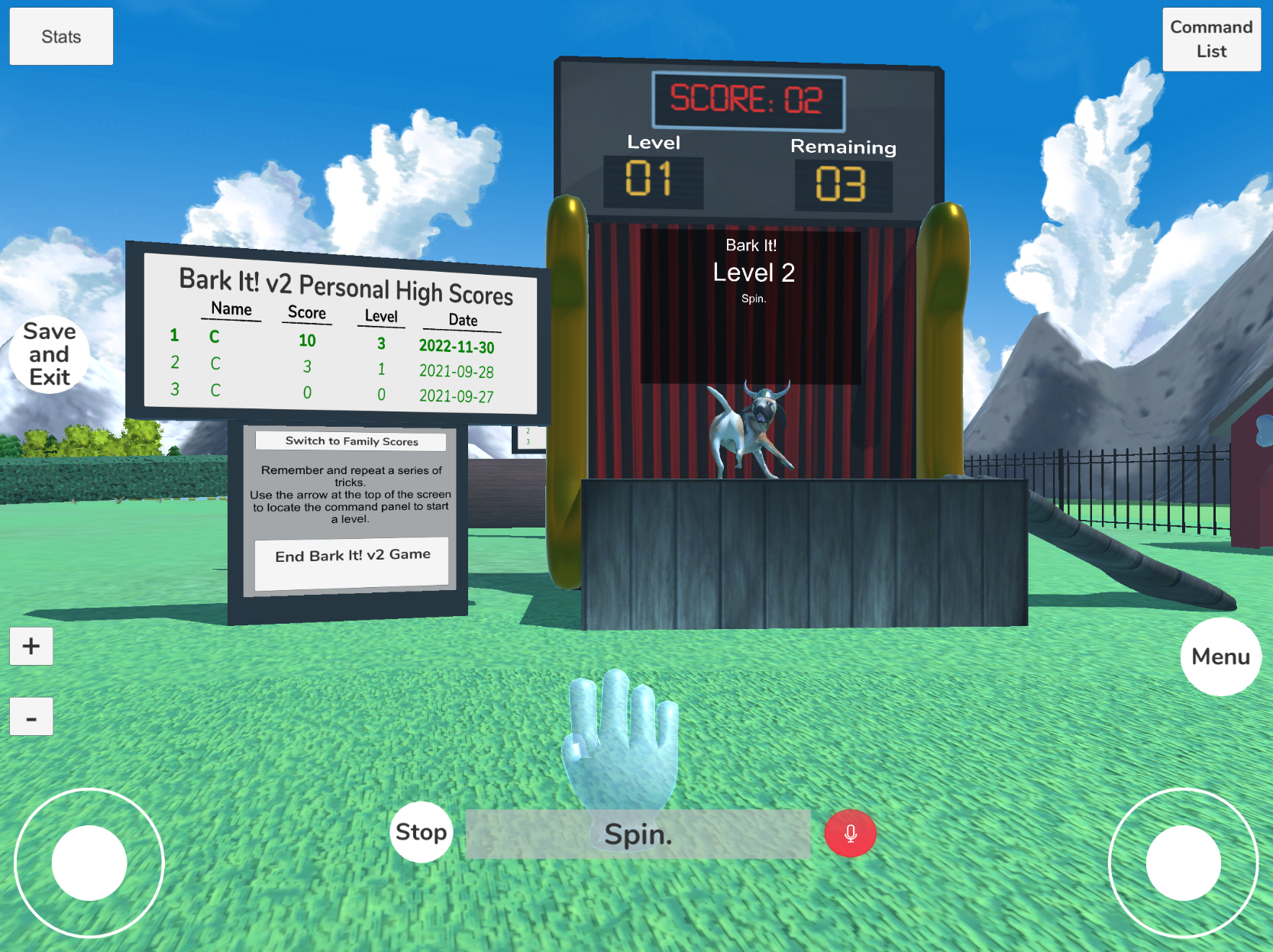 A virtual dog chasing its tail on a stage.