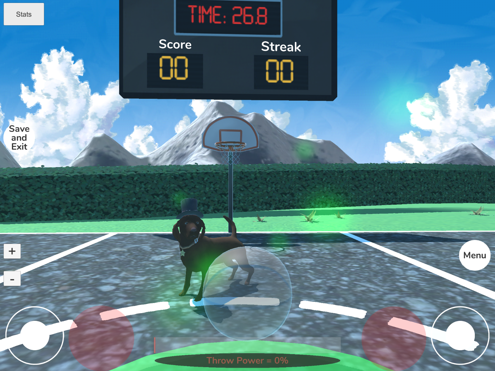 A virtual dog standing on a basketball court with a scoreboard.