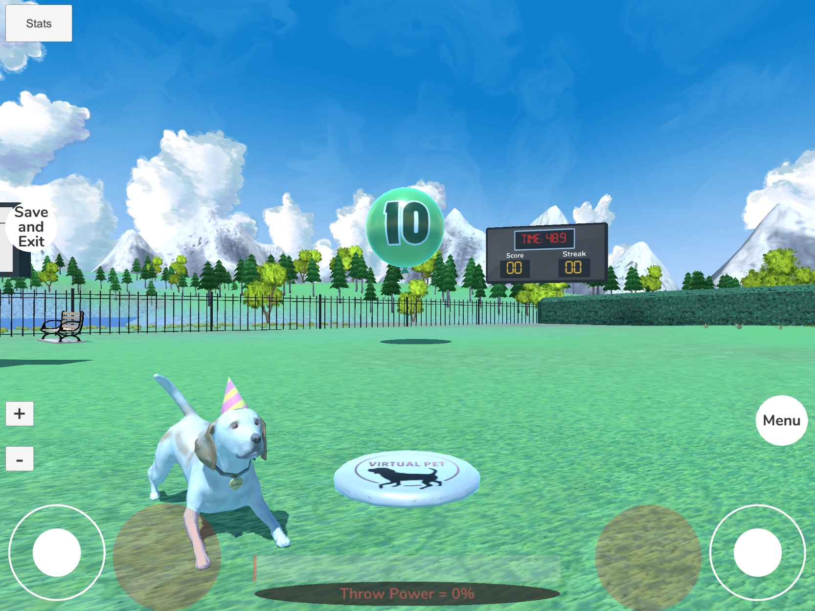 A virtual dog excited to chase a frisbee.