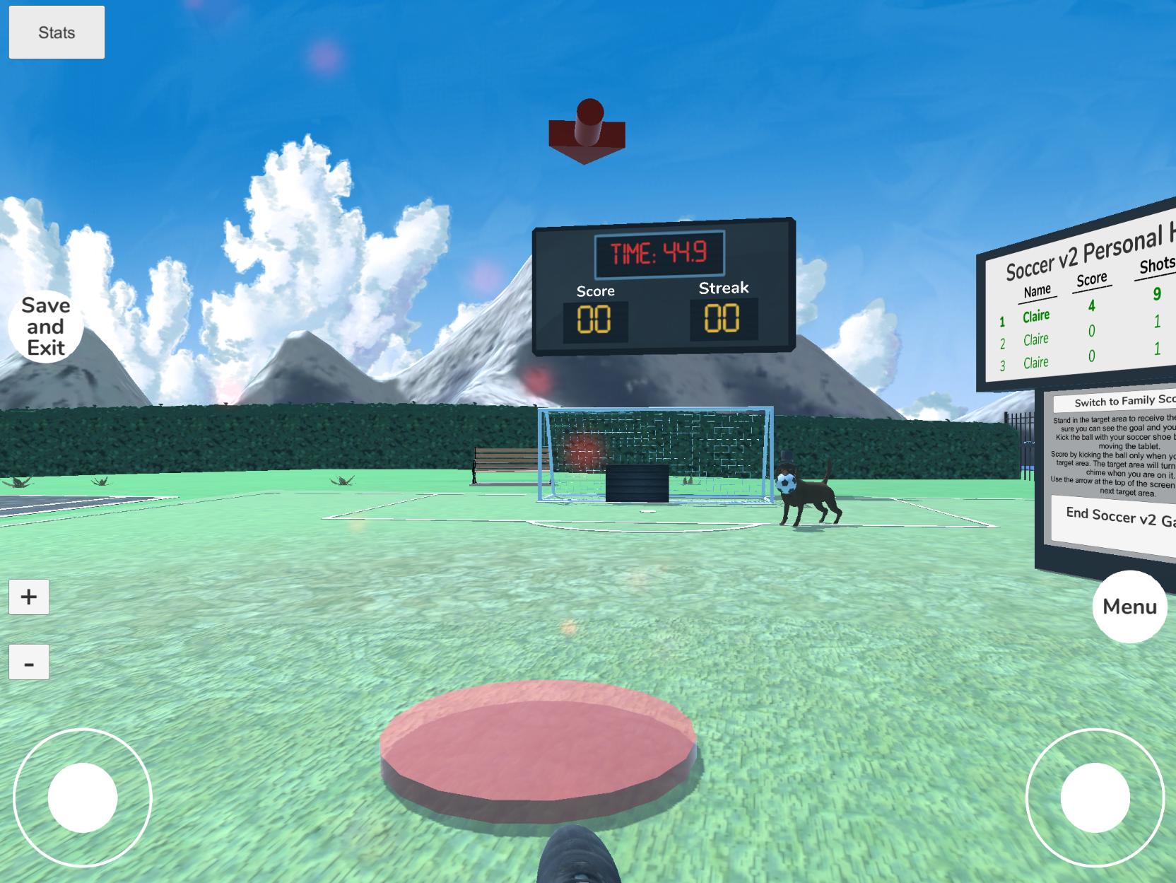 A virtual dog holding a soccer ball on a soccer field with a scoreboard.
