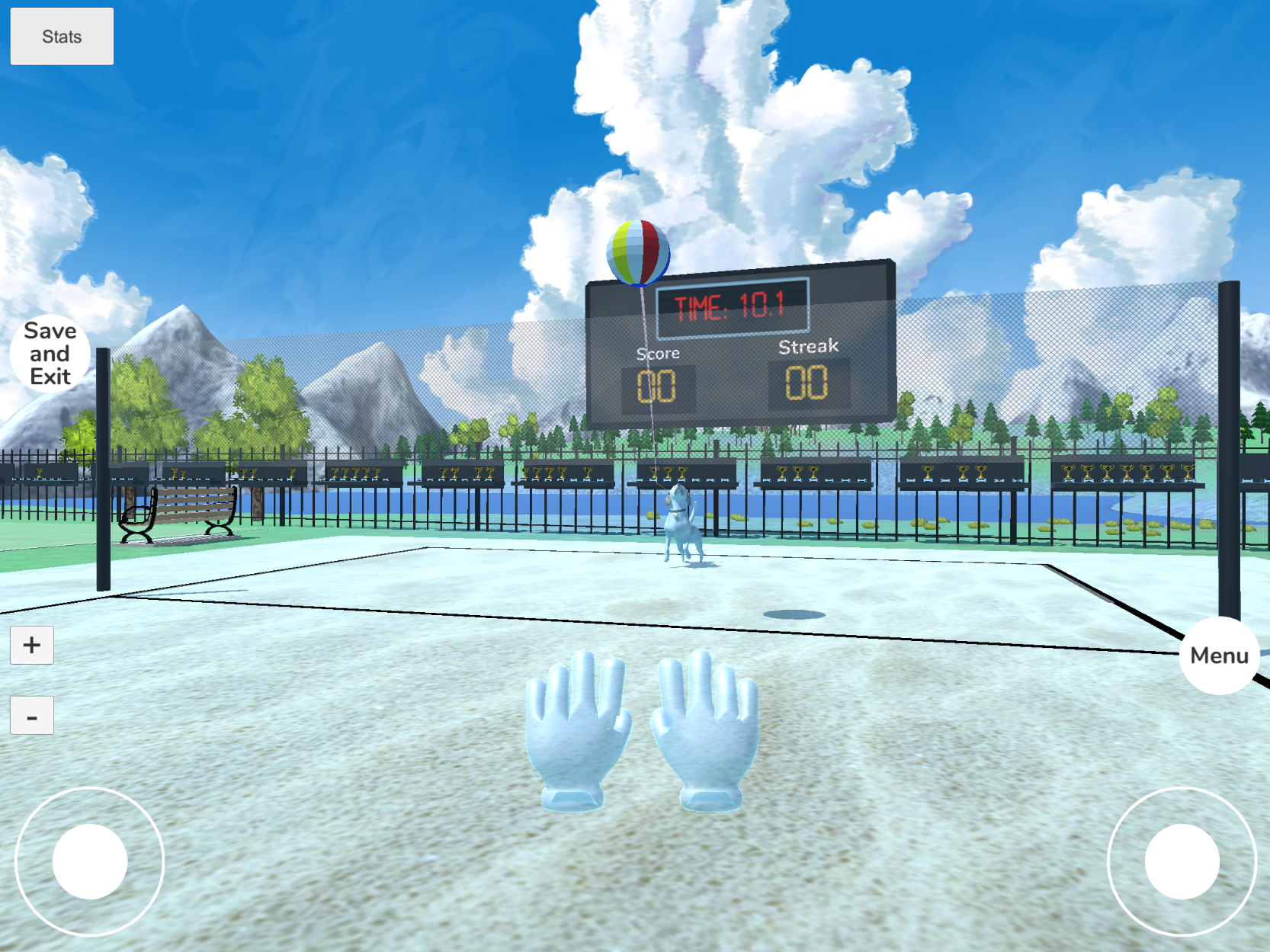 A virtual dog serving a beach ball over a volleyball net.
