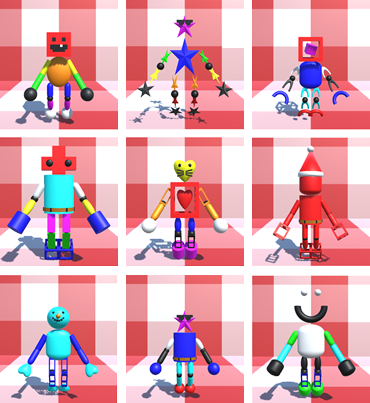 Nine customized robots with various colors and shapes.