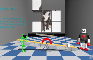 A virtual person holding a cube over a lever with a robot buddy.