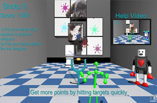 A virtual person releasing a slingshot pouch with a robot buddy.